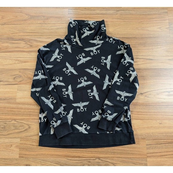 BOY London Mock Neck Pullover Shirt M black 100% Cotton AOP Logo A6 - Picture 1 of 8